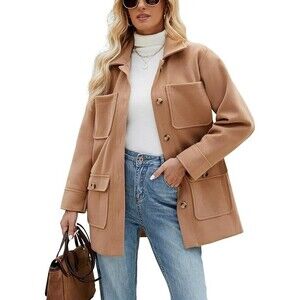 Omoone Women’s Winter Wool Blend Pea Coat SMALL Camel Mid-Long Trench Pockets